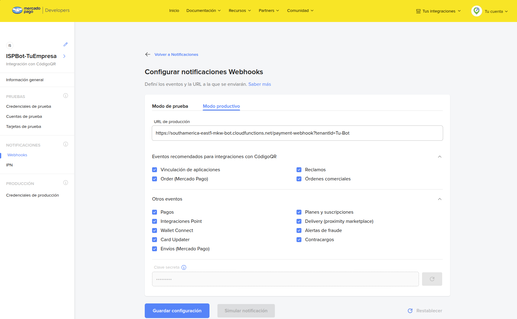 Configurar modo productivo y pegar URL de webhook